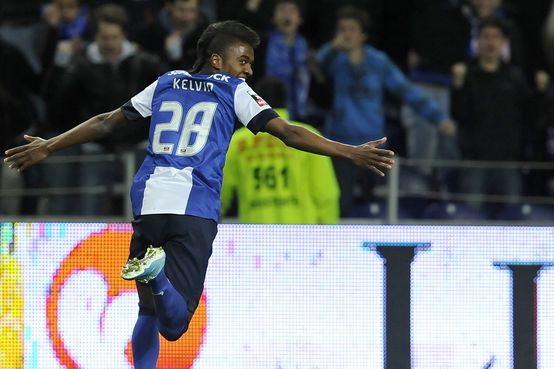FC Porto's Kelvin Oliveira from Brazil celebrates after scoring his t